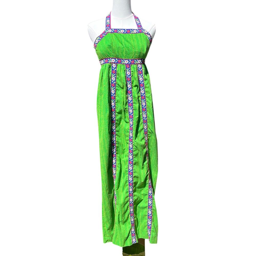 Clothes Horse Bright Green 1970s Vintage Maxi Halter Dress Boho S/M